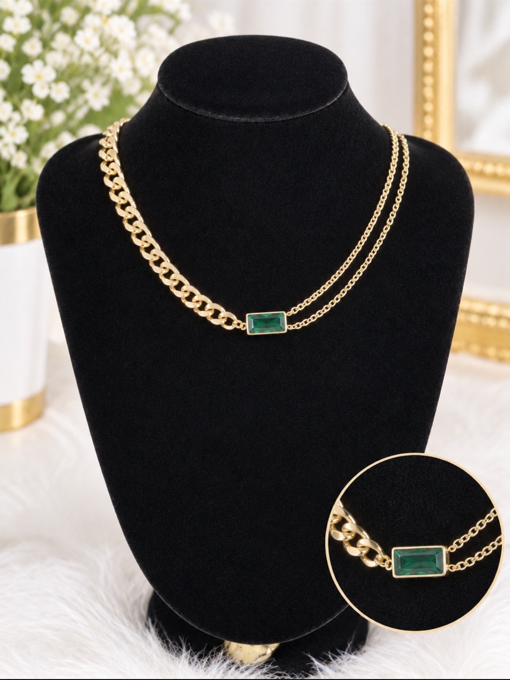 Gold Layered Necklace with Green Rectangular Stone - Women Jewelry